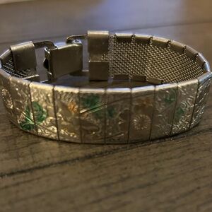 Vintage Floral Silver Bracelet with Green Accents